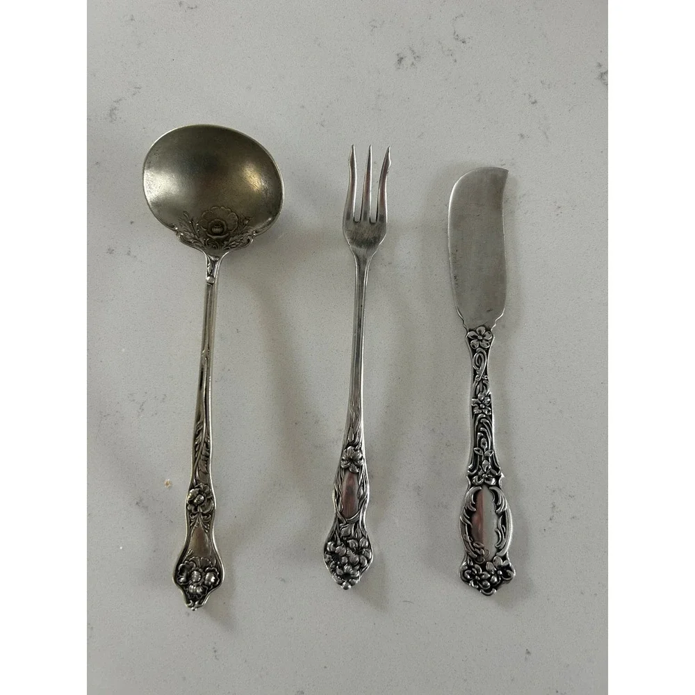 Vintage Floral Etched Silver Plated Soup Ladle‎ Cocktail Fork Butter Knife Set